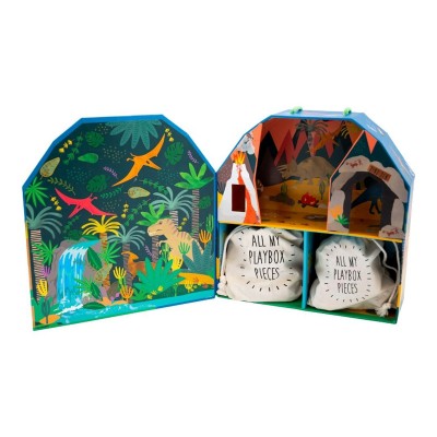 Floss&Rock® Prenosna igralna škatla z lesenimi figuricami Playbox Dino (15 kosov)