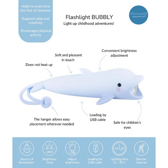 Rabbit&Friends Silikonska svetilka - Delfin - USB-C
